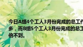 今日A组4个工人3月份完成的总工作量是20件，是本月人均定额的4倍多，而B组5个工人3月份完成的总工作量是20件，是本月人均定额的6倍不到。